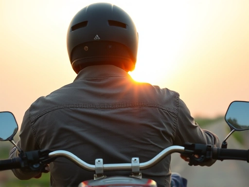 오토바이 뒷좌석에 앉은 여행자의 시점에서, 앞좌석에 앉은 현지인 운전자의 굳건한 등과 능숙하게 핸들을 조작하는 손이 클로즈업된 이미지