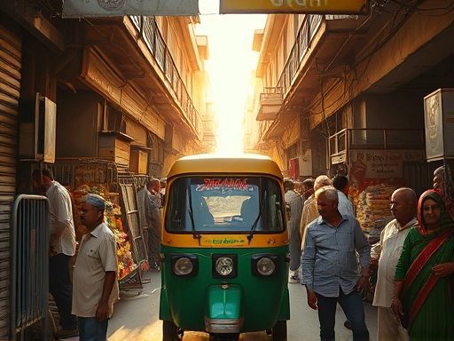 활기찬 인도 델리의 좁은 골목길, 노란색과 초록색의 오토-리키샤가 혼잡한 시장 풍경 속에 서 있다.