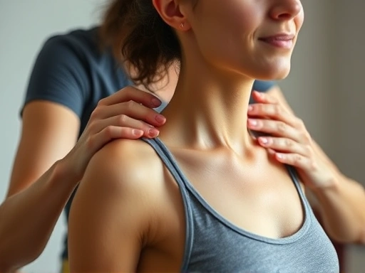 요가 강사의 손이 어색한 자세를 취한 초보 여행자의 어깨를 부드럽게 감싸며 자세를 교정해 주는 클로즈업 샷.