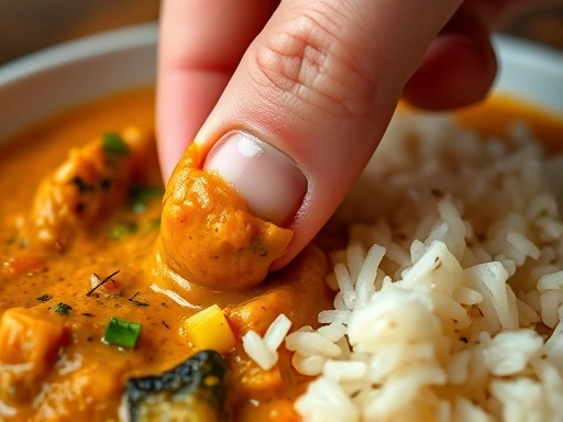 한 사람이 카레에 손가락을 넣어 밥과 섞는 클로즈업 장면