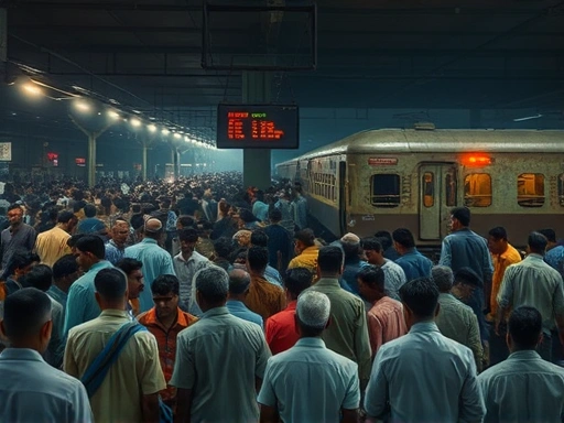 인도 기차역의 혼란스러운 플랫폼 풍경.