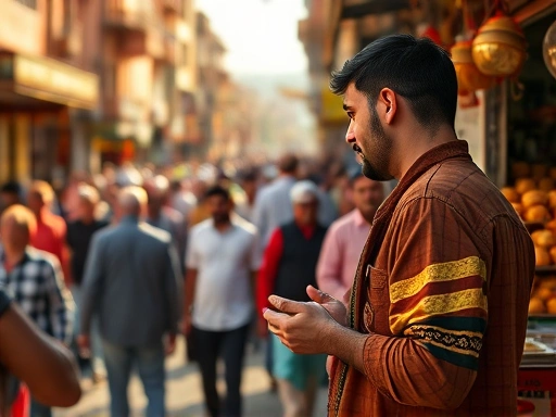 인도 자이푸르의 활기찬 거리에서, 노점상 앞의 여행자가 바삭하게 튀겨진 사모사와 파코라를 보며 망설이는 모습