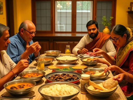 인도 가정집에서 손으로 식사하는 가족들과 함께 앉아있는 모습