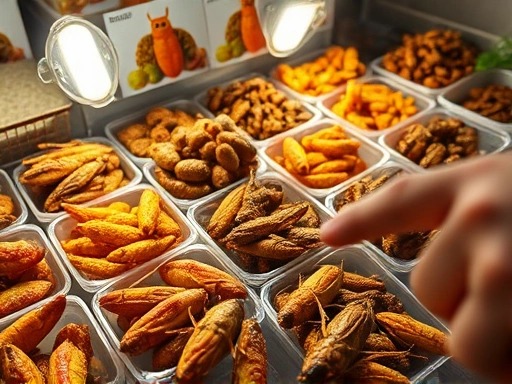 근접 촬영된 벌레 튀김 노점의 풍경.