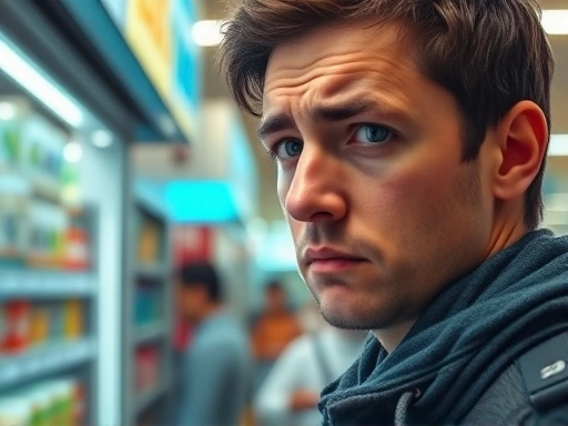 얼굴이 붉어진 채 난감한 표정으로 키오스크를 응시하는 여행자의 클로즈업된 얼굴.