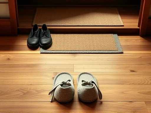 현관 바닥에 가지런히 놓인 신발 두 켤레와 그 옆에 놓인 손님용 슬리퍼가 클로즈업되어 있습니다.