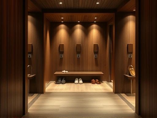 어두운 갈색 나무로 된 일본 전통 온센 탈의실 입구, 신발들이 가지런히 놓여 있고, 부드러운 간접 조명이 차분하고 고요한 분위기