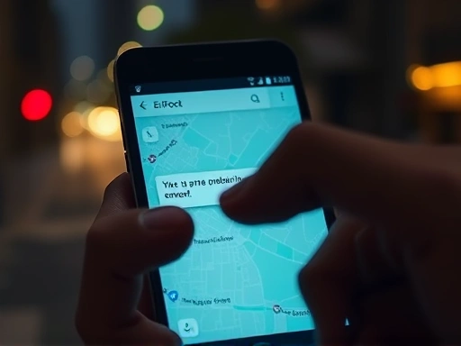 어두운 밤거리를 비추는 스마트폰 화면에 오류 메시지를 띄운 지도 앱이 클로즈업된 이미지