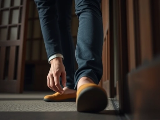 한 여행자가 료칸 현관에서 조심스럽게 슬리퍼를 신으려다가 잠시 멈칫하는 클로즈업 장면