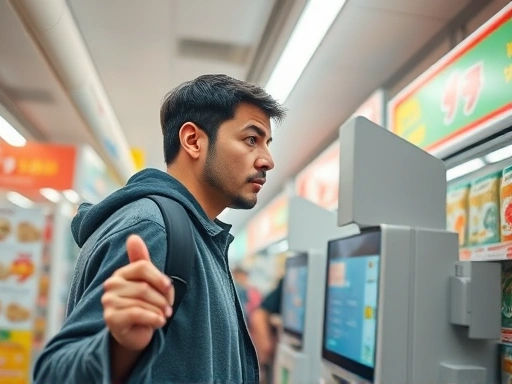 일본 편의점의 밝은 조명 아래, 복잡한 셀프 결제 키오스크 화면 앞에서 손가락으로 화면을 방황하는 한 여행자의 모습
