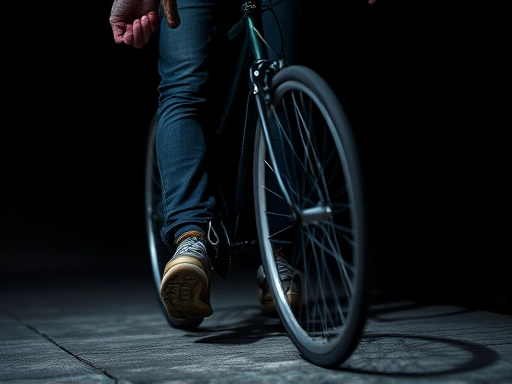 어두운 배경 속, 한 손으로 자전거 핸들을 잡고 고개를 숙인 채 인도를 걷고 있는 필자의 모습