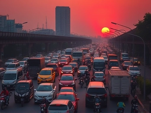 자카르타의 극심한 교통체증 속, 붉은 노을이 깔린 도시의 혼잡한 도로.