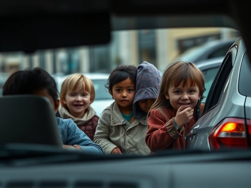 교통체증 속 차창 밖으로 보이는 순수한 아이들의 모습