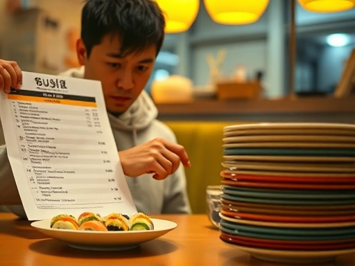 손님이 테이블에 놓인 복잡한 접시 가격표를 혼란스러운 표정으로 응시하고 있다.