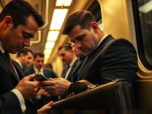 지하철 객차 내부, 정장 차림의 남성들이 각자의 스마트폰을 응시하거나 눈을 감고 잠든 모습
