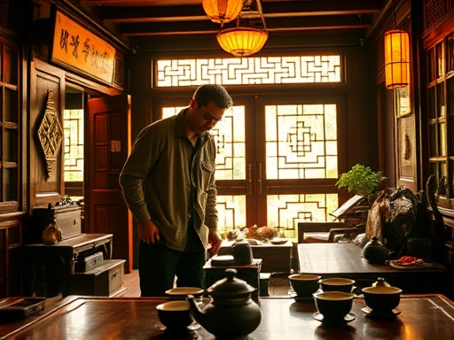 차분하고 고요한 중국 전통 찻집 내부.