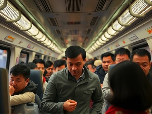 복잡한 중국 고속철도 객차 안에서 여행객이 좌석을 찾지 못하고 헤매는 모습