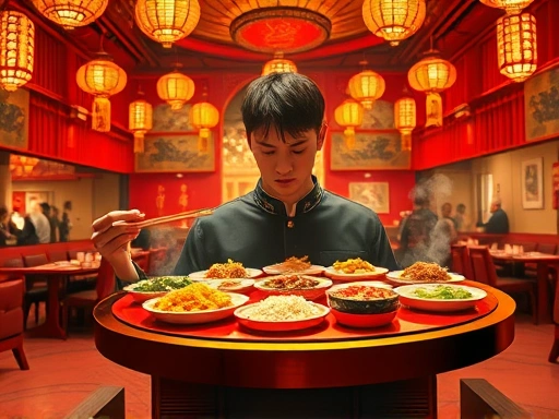 붉은색과 금색이 화려하게 어우러진 중국 현지 식당 내부, 왁자지껄한 소음과 매콤한 마라 향이 가득한 분위기