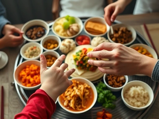 근접 촬영된 테이블 위 회전판에 놓인 다채로운 중국 요리들.