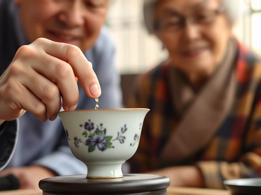 차 사범의 숙련된 손이 가이완을 조심스럽게 다루는 클로즈업.