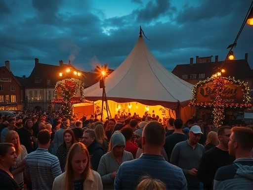 어둠이 깔리기 시작하는 체코 필젠의 번화한 맥주 축제 현장을 넓게 담은 사진.