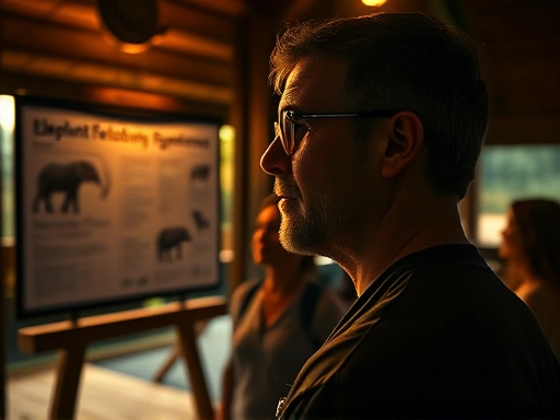 어둑해지는 태국 치앙마이의 코끼리 보호 구역 리셉션 공간.