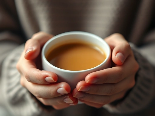 따뜻한 커피 한 잔을 두 손으로 감싸 쥐고 있는 클로즈업 샷.