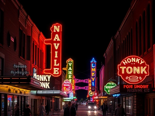 화려한 네온사인으로 빛나는 내슈빌 혼키 통크 거리의 야경.