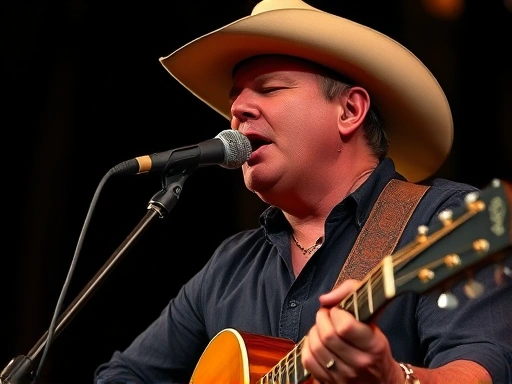 한 컨트리 음악 밴드의 보컬이 무대 위에서 마이크를 잡고 열정적으로 노래하며 기타를 연주하는 클로즈업.