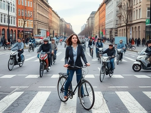 코펜하겐 도심의 넓고 정비된 자전거 도로 위, 수많은 자전거들이 물 흐르듯 지나가는 모습