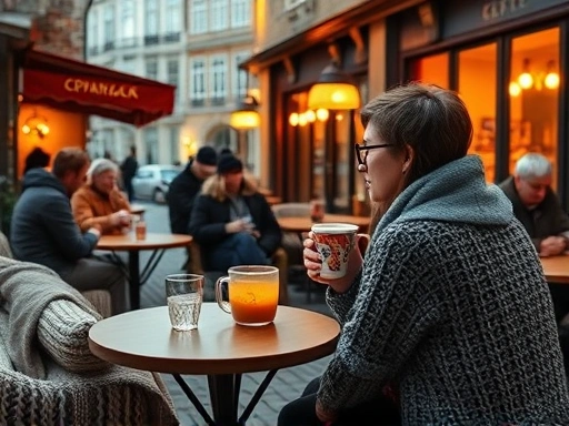 늦가을 코펜하겐의 아늑한 노천카페에서 한 여행자가 따뜻한 코코아를 들고 주변을 둘러보고 있는 모습