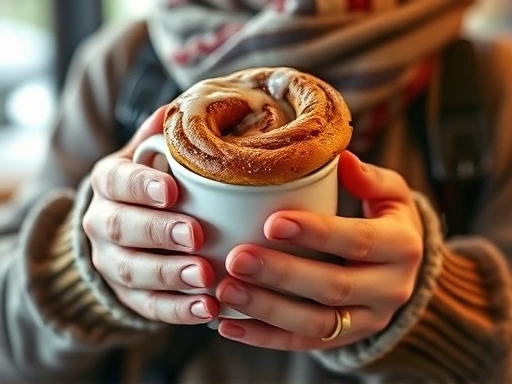 여행자가 따뜻한 코코아 잔을 두 손으로 감싸 쥐고 있는 클로즈업 사진.