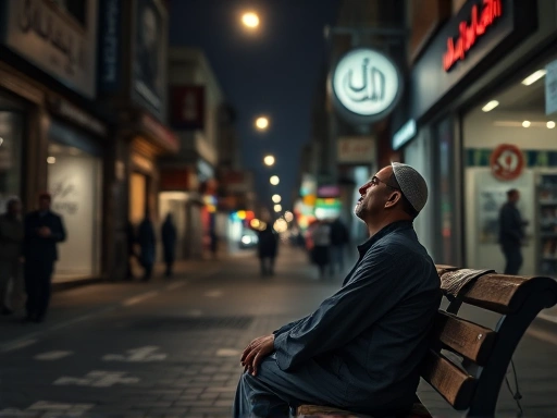 어두워진 상점 거리에서 멀리 들려오는 아잔 소리에 맞춰 조용히 길가에 앉거나 모스크로 향하는 사람들의 모습