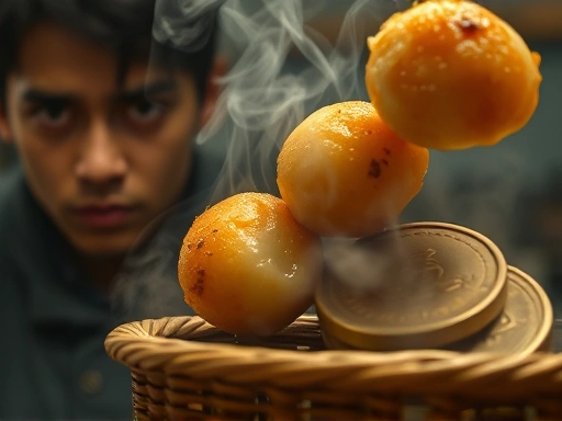 갓 구워져 뜨거운 김이 피어오르는 먹음직스러운 타코야키와 그 아래 놓인 작은 나무 바구니에 담긴 동전들이 클로즈업되어 있다.