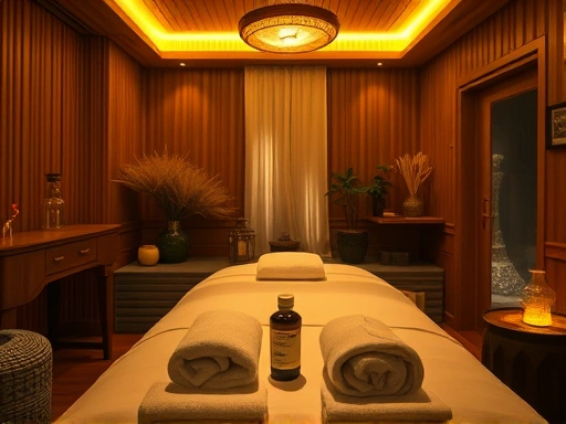 태국 방콕의 아늑한 마사지샵 내부, 은은한 조명 아래 허브 향이 감도는 공간.