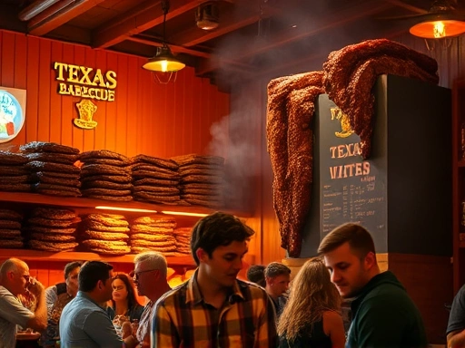 따뜻한 주황색 조명이 비치는 정통 텍사스 바비큐 식당 내부.