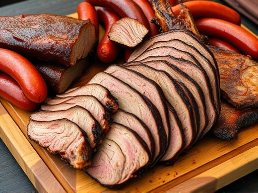 큼직한 나무 도마 위에 두껍게 썰린 브리스킷, 립, 소시지 등이 푸짐하게 놓여 있는 클로즈업 사진.