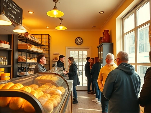 파리의 한적한 아침, 작은 빵집 내부를 담은 광각 사진.
