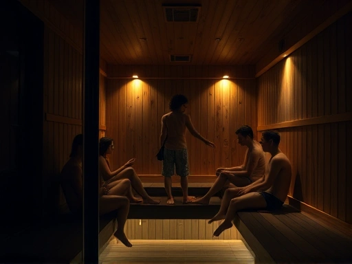 어두운 밤, 핀란드 헬싱키의 현대적인 사우나 건물 내부.