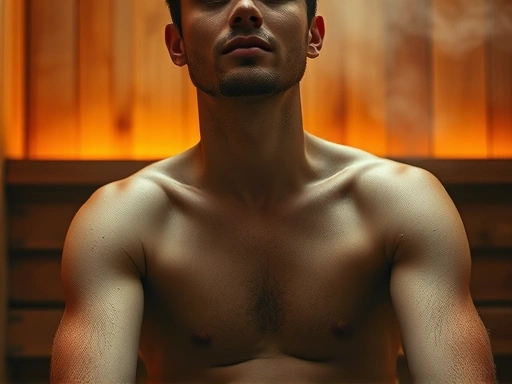 따뜻한 증기가 피어오르는 사우나의 나무 벤치에 앉아있는 사람의 상반신 클로즈업.