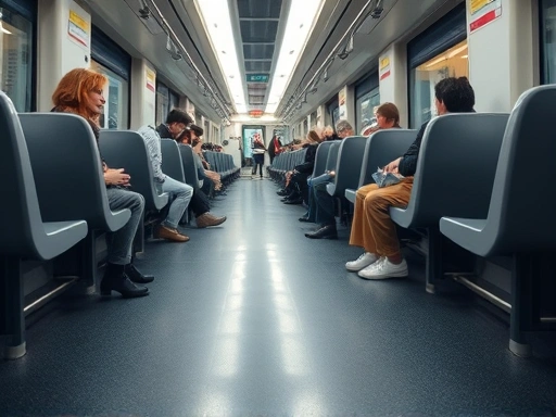 핀란드 지하철 내부 좌석들이 길게 이어져 있고, 그 위에 띄엄띄엄 앉아있는 승객들의 다리와 발이 클로즈업되어 있다.