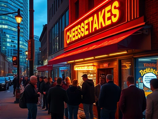 저녁 무렵, 필라델피아의 활기찬 거리 한복판에 자리 잡은 유명 치즈스테이크 가게 앞.