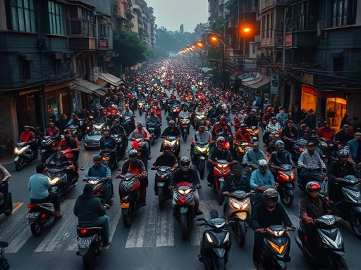 베트남 하노이 구시가지의 복잡한 교차로를 가득 메운 수백 대의 오토바이들이 무질서하게 움직이는 모습
