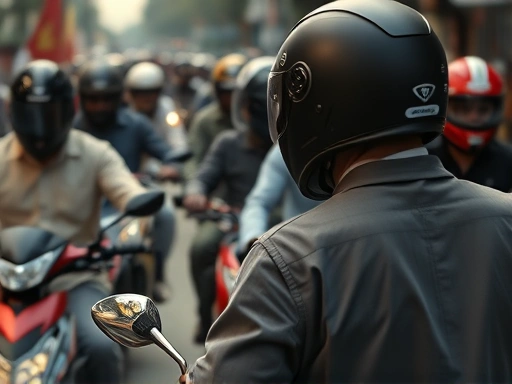 오토바이 물결 사이를 천천히 걸어가는 한 여행자의 뒷모습