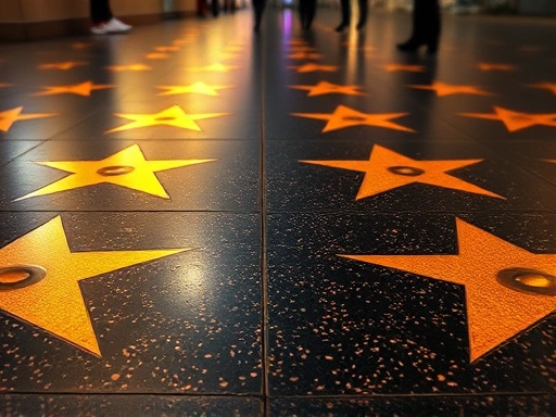 금색 별이 박힌 할리우드 명예의 거리 바닥을 클로즈업한 사진.