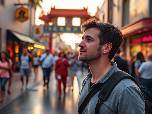 늦은 오후, 할리우드 명예의 거리에 선 한 여행자가 차이니스 극장 앞 수많은 인파 속에서 길을 응시하고 있다.