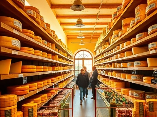활기찬 프랑스 치즈 가게 내부, 다양한 종류의 치즈가 진열된 긴 나무 선반을 배경으로 한 밝은 주광색 조명.