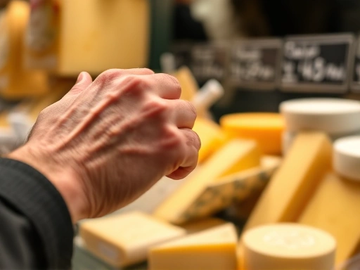 한 손님의 손이 치즈 진열대 위에서 혼란스러워하며 여러 치즈를 바라보는 클로즈업.