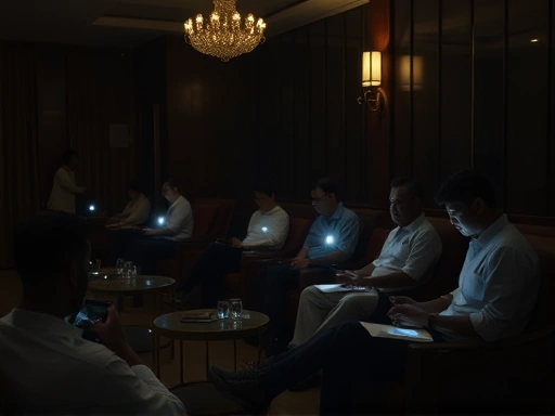 정전된 호텔 로비에서 휴대전화 손전등 불빛 하나에 의지한 채 태연하게 앉아 일상적인 활동을 이어가는 현지인 직원과 투숙객들의 모습