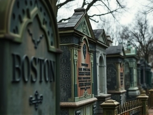 낡은 비석과 고요한 묘지가 있는 보스턴의 역사적 현장을 클로즈업하여, 시간의 흔적과 과거 인물들의 존재감을 강하게 드러냅니다.